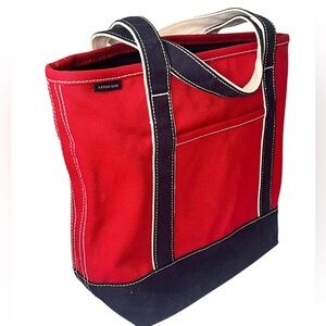 Lands End Boat Tote Bag Cotton Canvas Red Blue Large Sturdy Beach School Travel